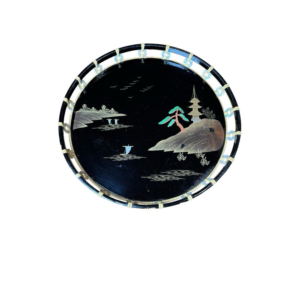 Vintage Round Japanese Lacquer Hand Painted Serving Display Tray Mother Of Pearl